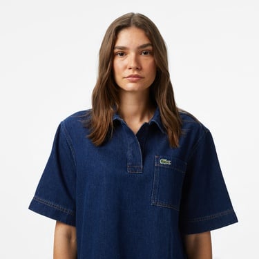  Lacoste Kadın Truvakar Kollu Polo Yaka Mavi Gömlek