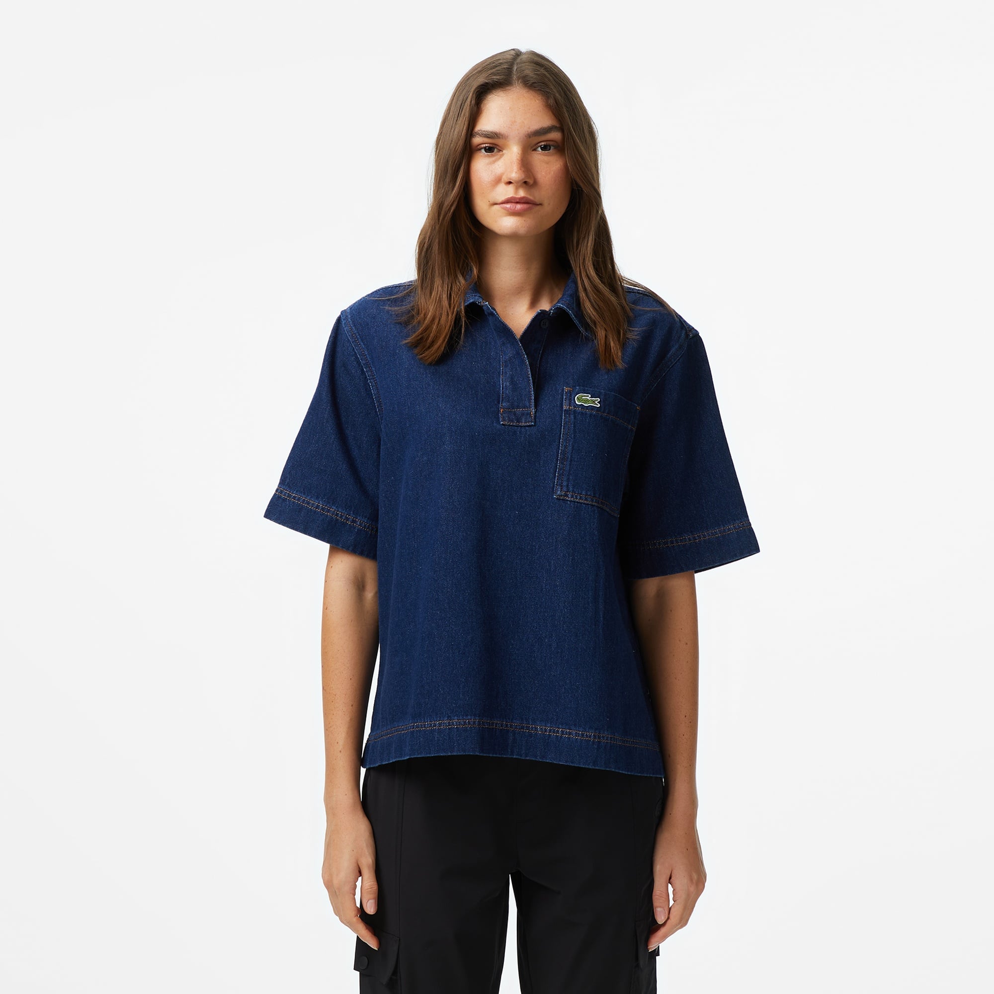 Lacoste Kadın Truvakar Kollu Polo Yaka Mavi Gömlek