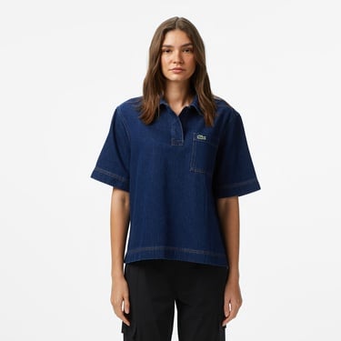  Lacoste Kadın Truvakar Kollu Polo Yaka Mavi Gömlek