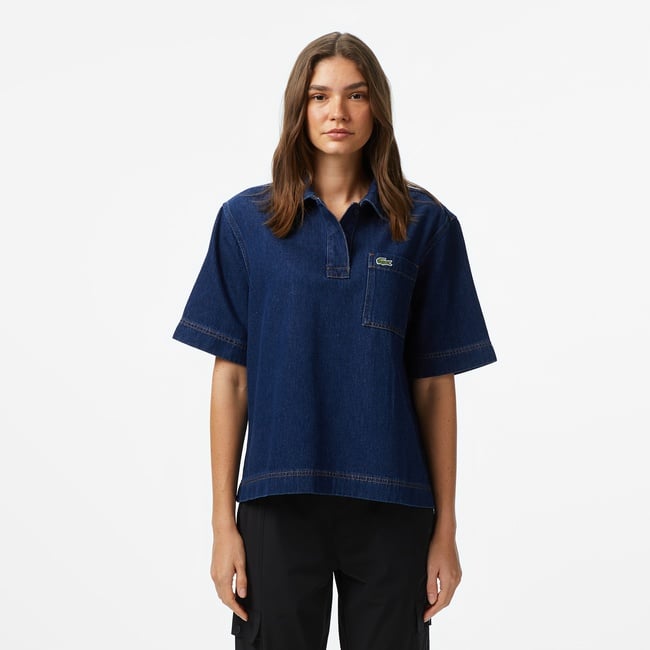  Lacoste Kadın Truvakar Kollu Polo Yaka Mavi Gömlek