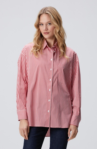  Network Kadın Kırmızı Beyaz Oversize Gömlek
