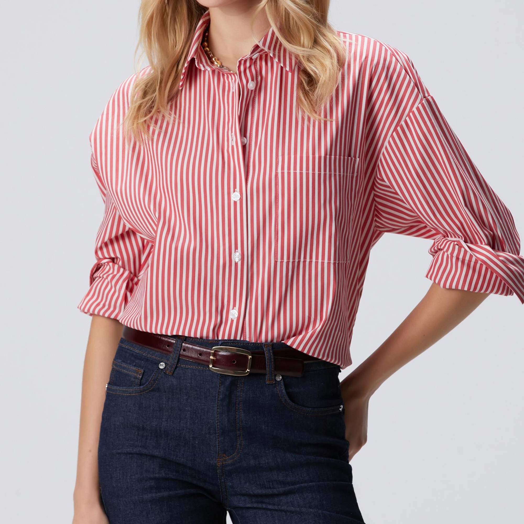 Network Kadın Kırmızı Beyaz Oversize Gömlek