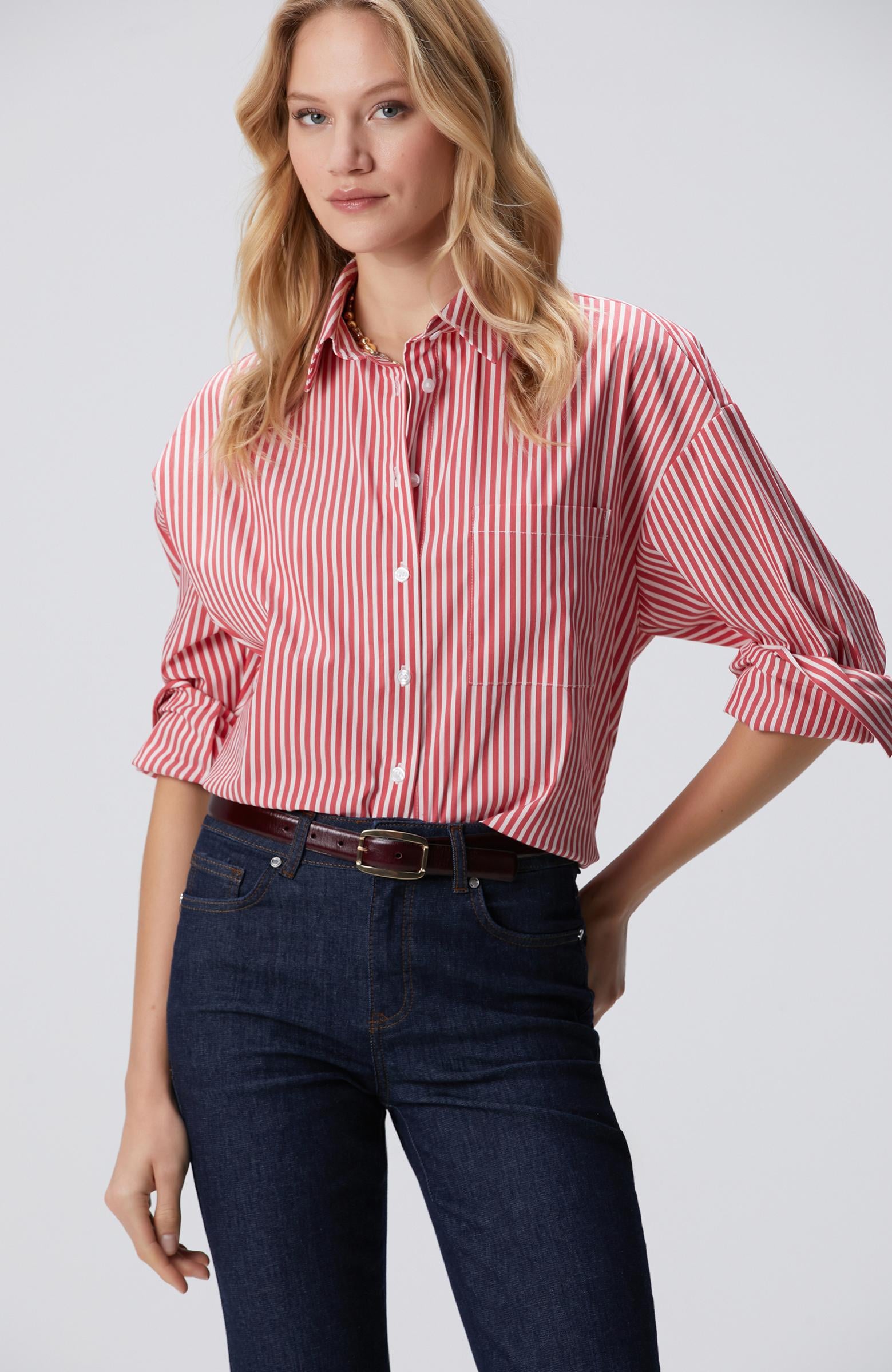  Network Kadın Kırmızı Beyaz Oversize Gömlek