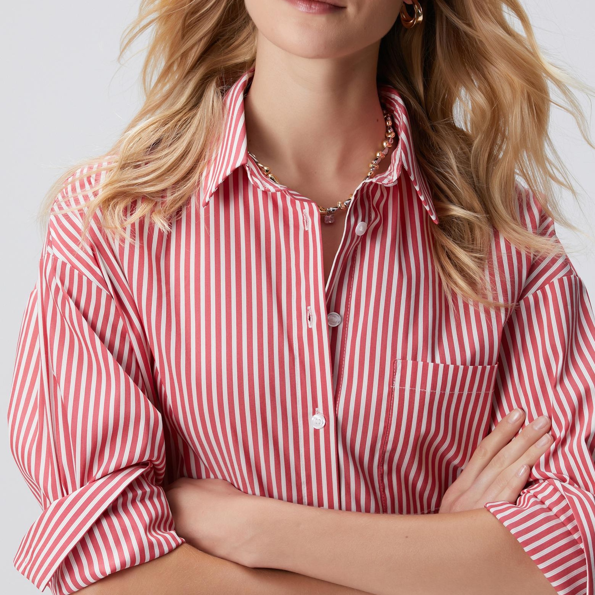 Network Kadın Kırmızı Beyaz Oversize Gömlek