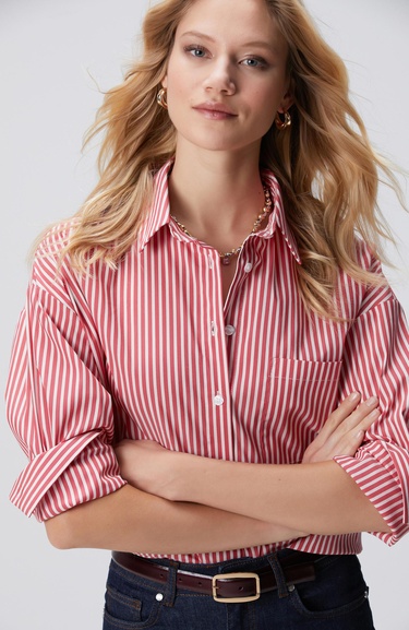  Network Kadın Kırmızı Beyaz Oversize Gömlek