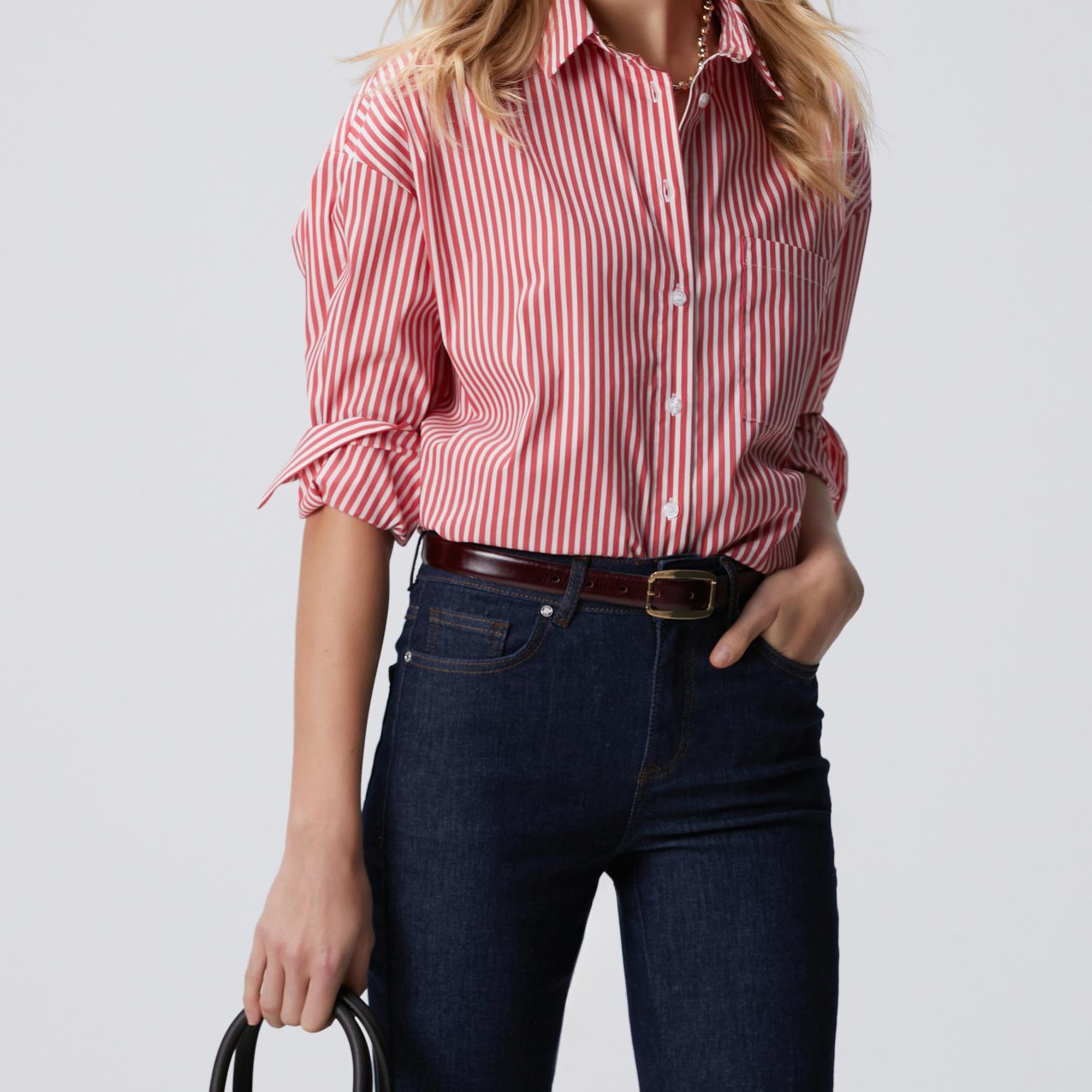 Network Kadın Kırmızı Beyaz Oversize Gömlek