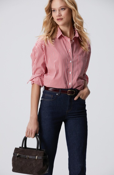  Network Kadın Kırmızı Beyaz Oversize Gömlek