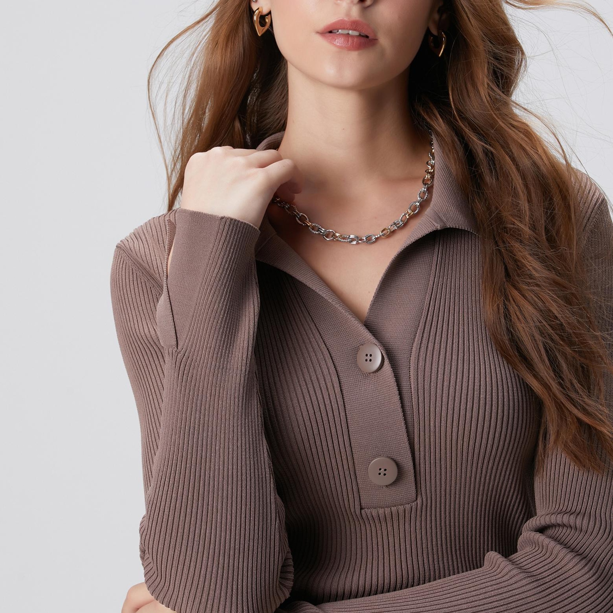 Network Kadın Vizon Düğme Detaylı Triko Kazak