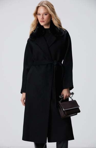  Network Kadın Siyah Kaşmir ve Yün Karışımlı Manto