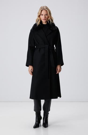  Network Kadın Siyah Kaşmir ve Yün Karışımlı Manto