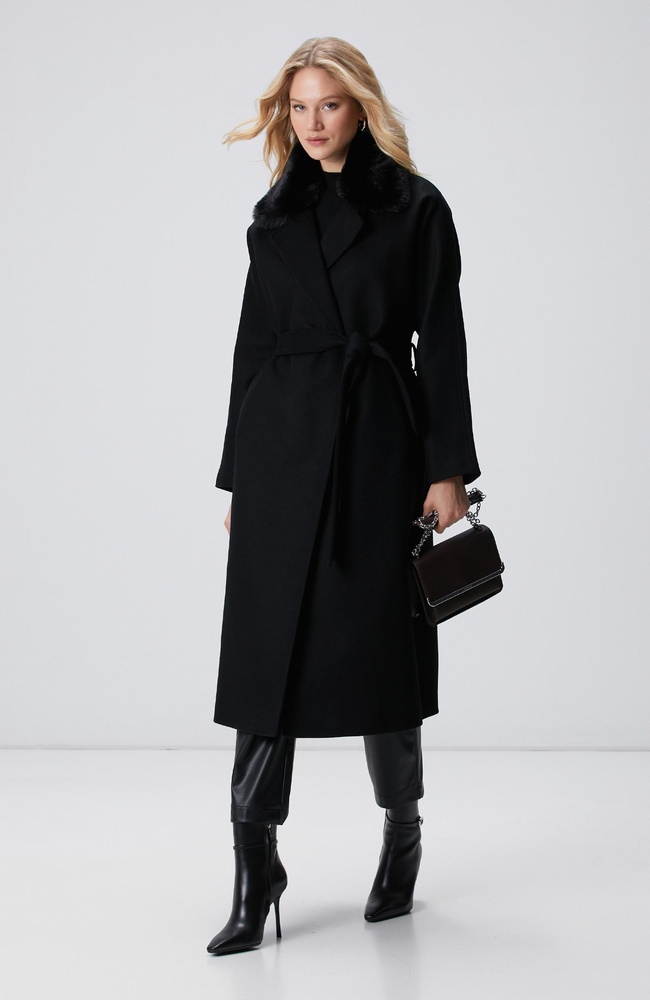  Network Kadın Siyah Kaşmir ve Yün Karışımlı Manto