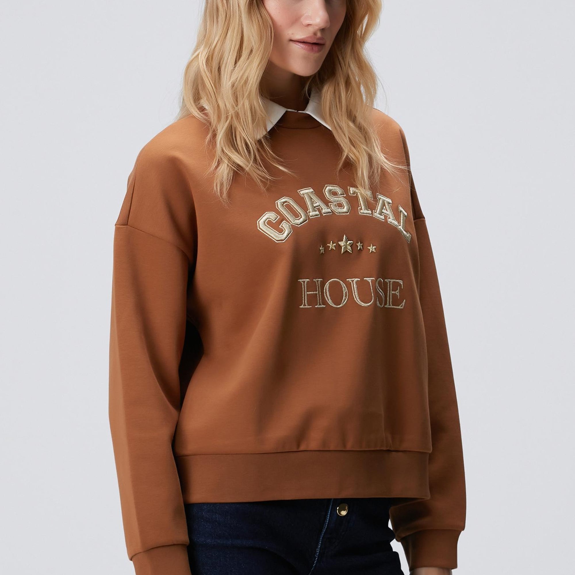 Network Kadın Camel Denim Yakalı Sweatshirt