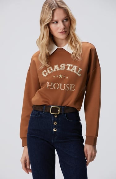  Network Kadın Camel Denim Yakalı Sweatshirt