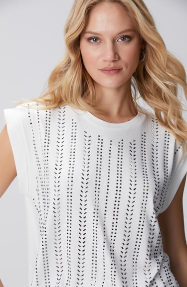  Network Kadın Kırık Beyaz Taş Baskılı T-shirt