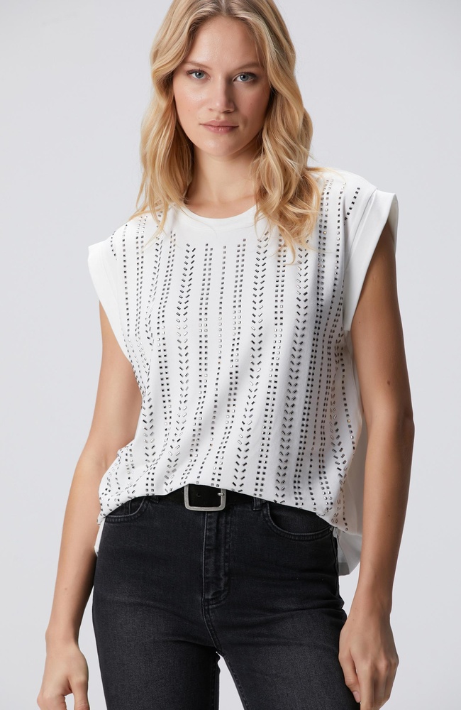  Network Kadın Kırık Beyaz Taş Baskılı T-shirt