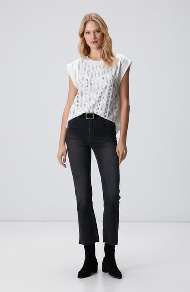  Network Kadın Kırık Beyaz Taş Baskılı T-shirt