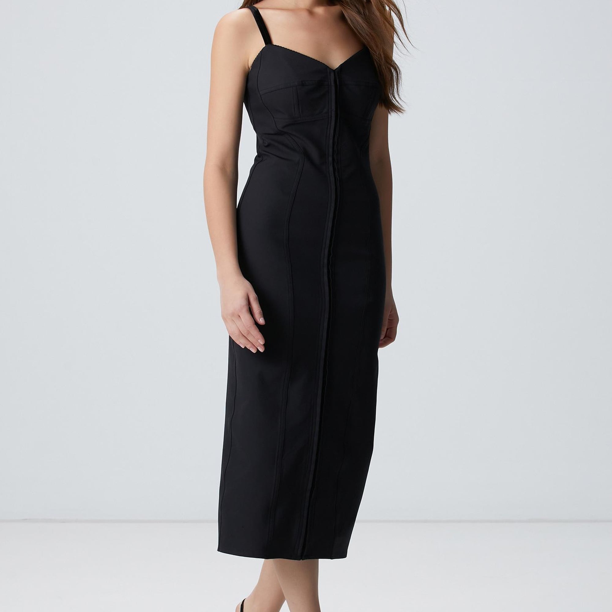 Network Kadın Siyah Askılı Midi Elbise