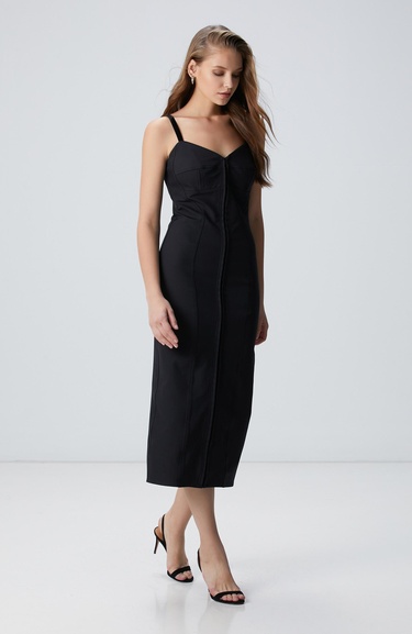  Network Kadın Siyah Askılı Midi Elbise