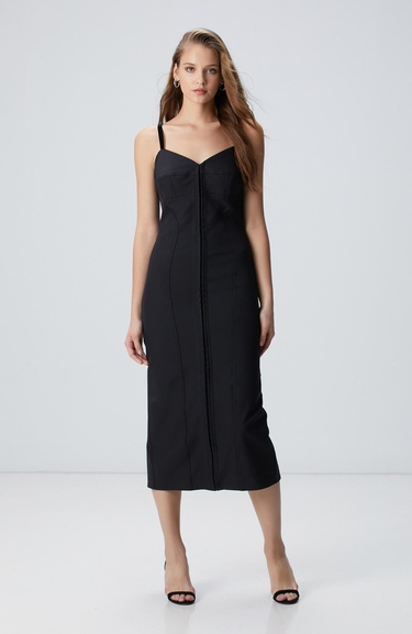  Network Kadın Siyah Askılı Midi Korse Elbise