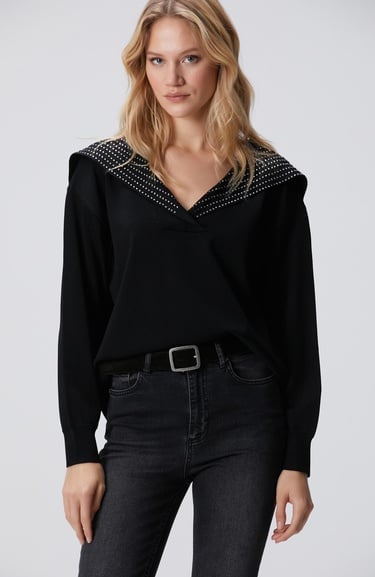  Network Kadın Siyah Yaka Taş Baskılı Triko Kazak