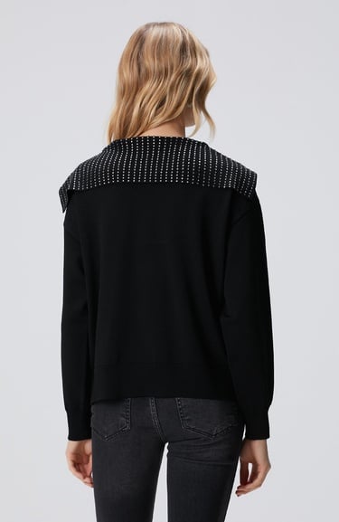  Network Kadın Siyah Yaka Taş Baskılı Triko Kazak