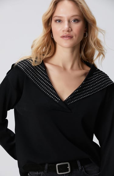  Network Kadın Siyah Yaka Taş Baskılı Triko Kazak