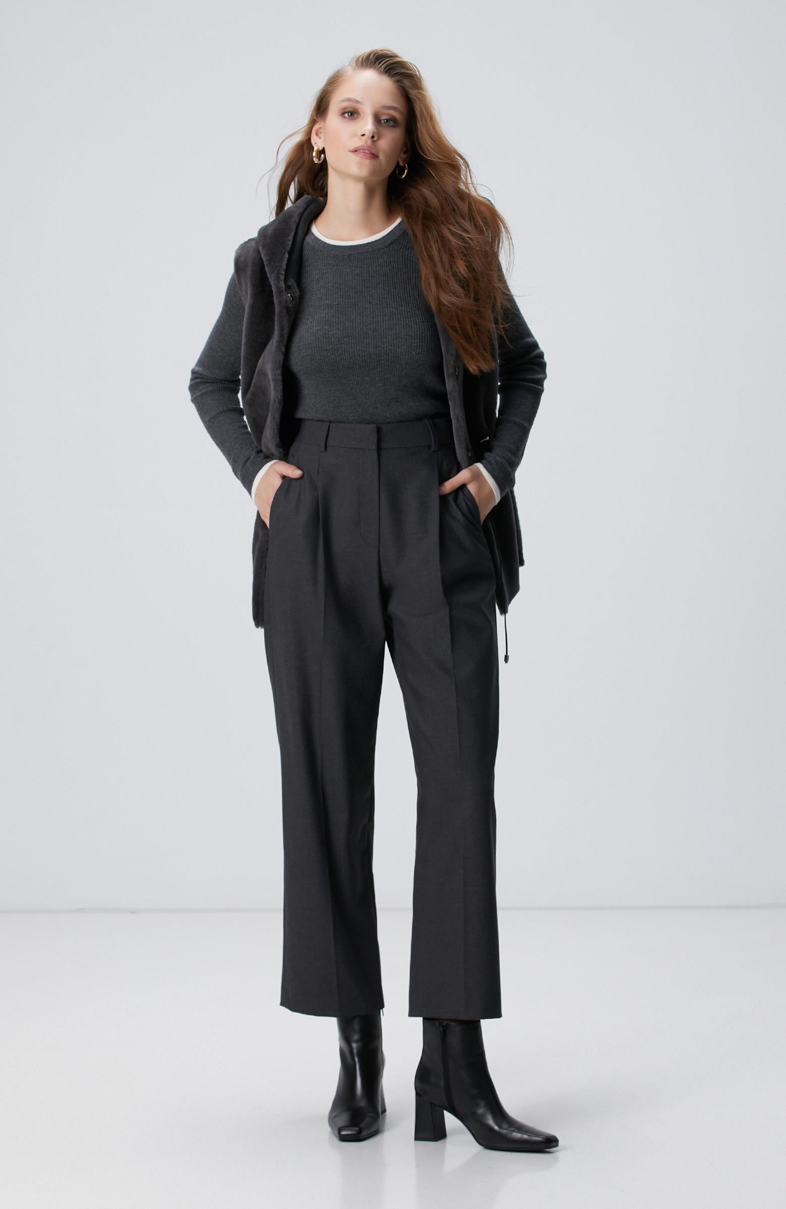  Network Kadın Koyu Gri Pileli Yüksek Bel Pantolon