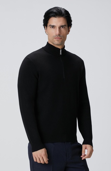  Network Erkek Siyah Dik Yaka Fermuarlı Triko Kazak