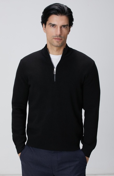  Network Erkek Siyah Dik Yaka Fermuarlı Triko Kazak