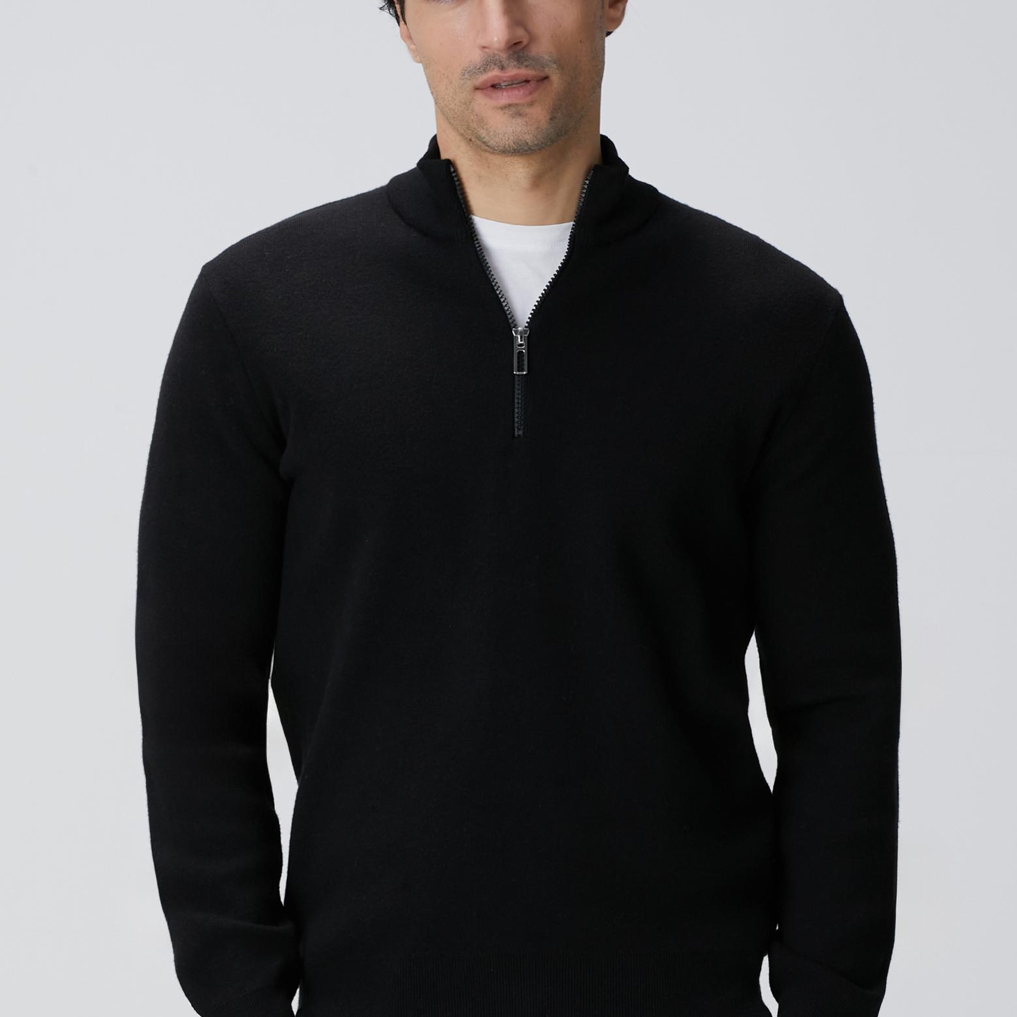 Network Erkek Siyah Dik Yaka Fermuarlı Triko Kazak
