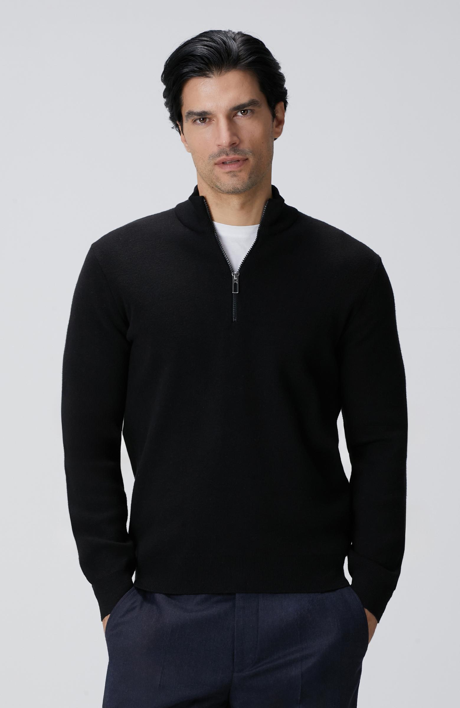  Network Erkek Siyah Dik Yaka Fermuarlı Triko Kazak