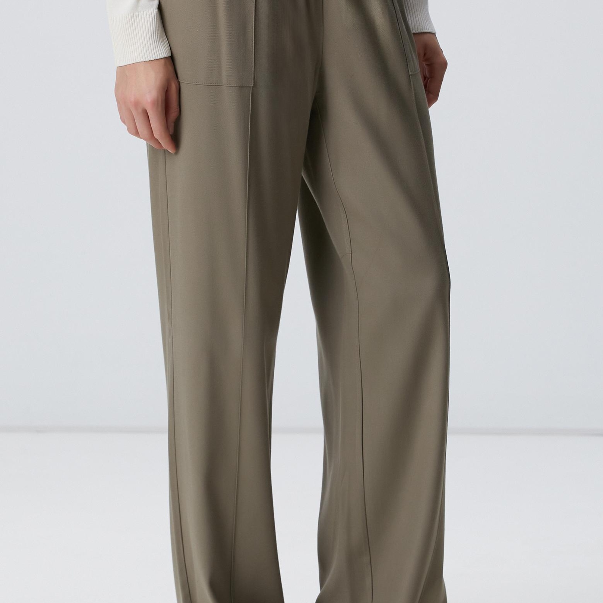 Network Kadın Haki İnce Diyagonal Desenli Tencel Pantolon