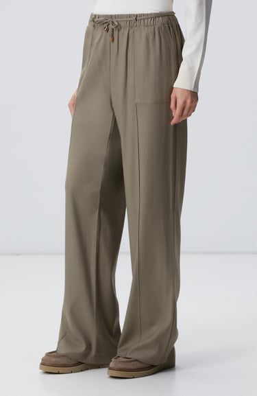  Network Kadın Haki İnce Diyagonal Desenli Tencel Pantolon