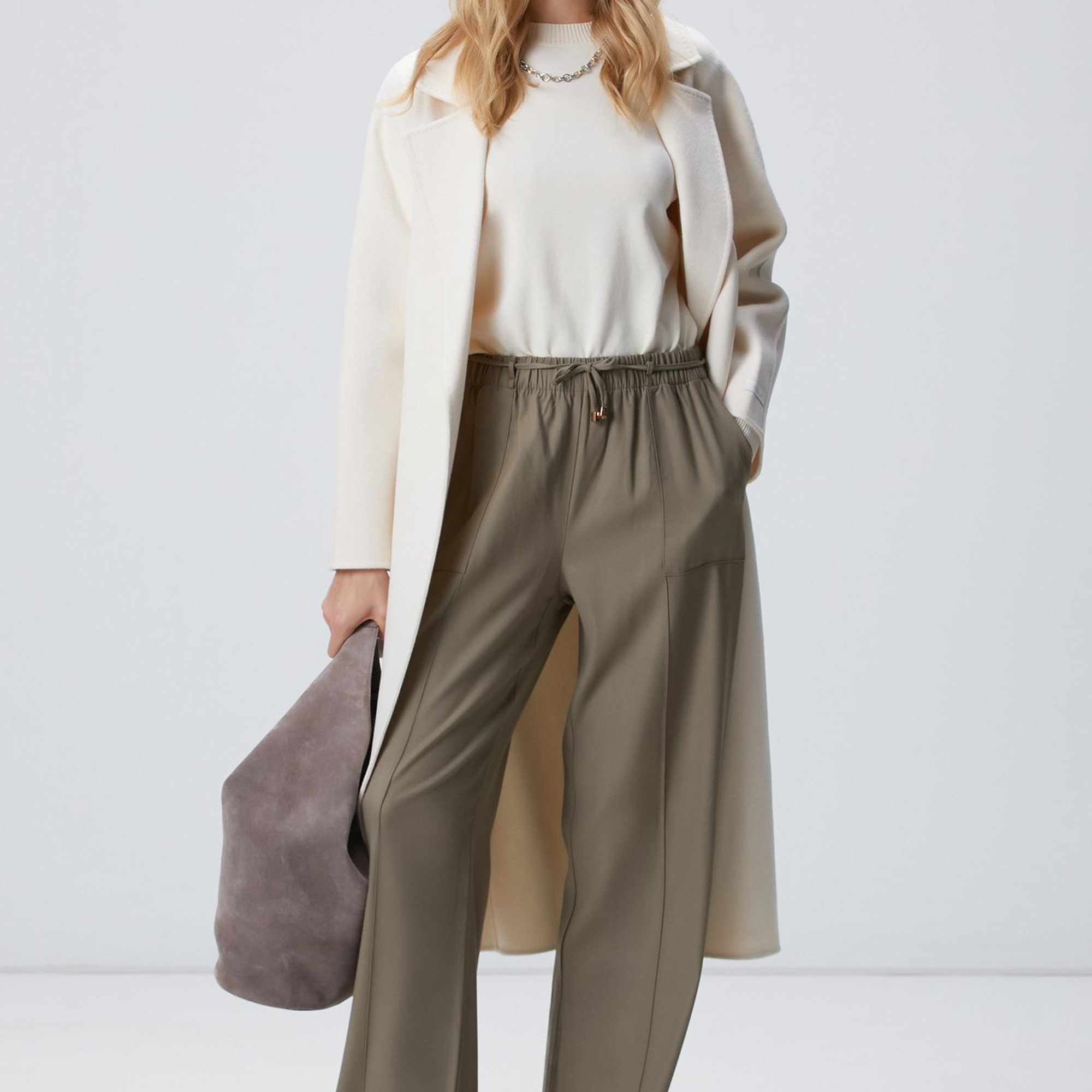 Network Kadın Haki İnce Diyagonal Desenli Tencel Pantolon