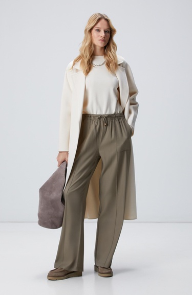  Network Kadın Haki İnce Diyagonal Desenli Tencel Pantolon