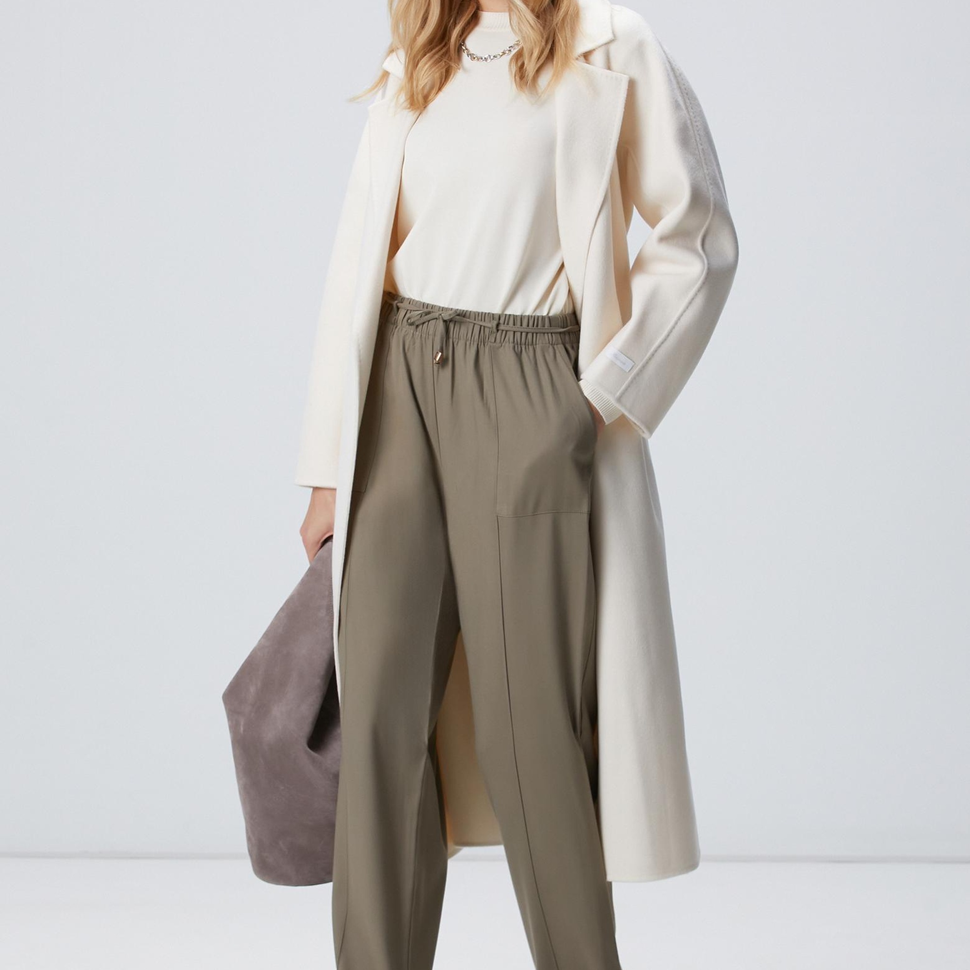 Network Kadın Haki İnce Diyagonal Desenli Tencel Pantolon