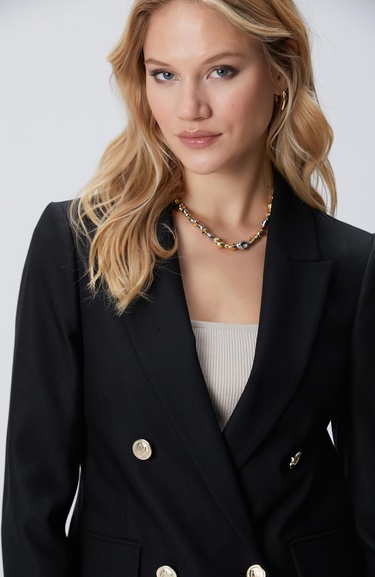  Network Kadın Siyah N Logolu Metal Düğmeli Kruvaze Ceket