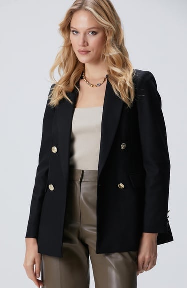  Network Kadın Siyah N Logolu Metal Düğmeli Kruvaze Ceket