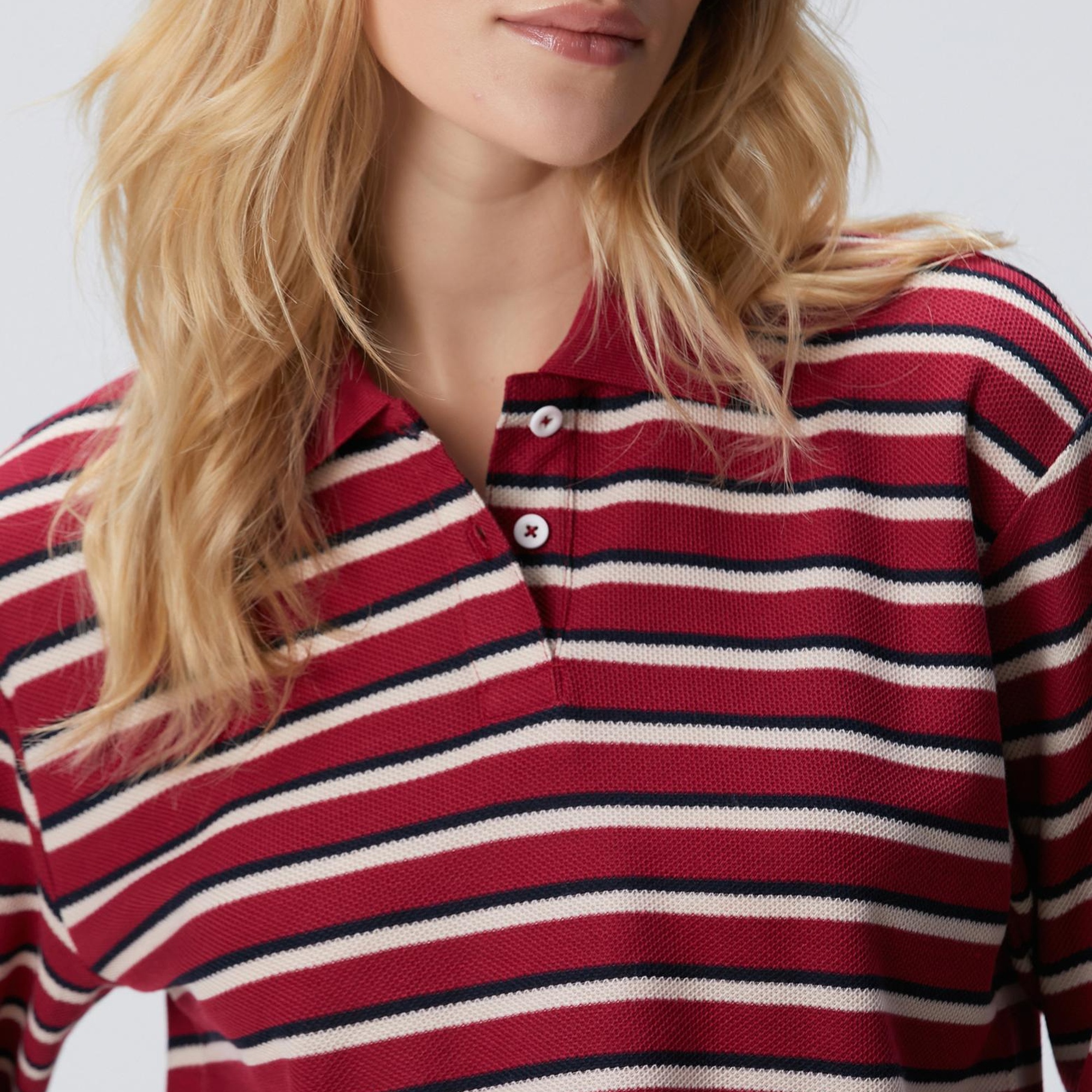 Network Kadın Kırmızı Yarım Kol Çizgili Pike Polo Sweatshirt