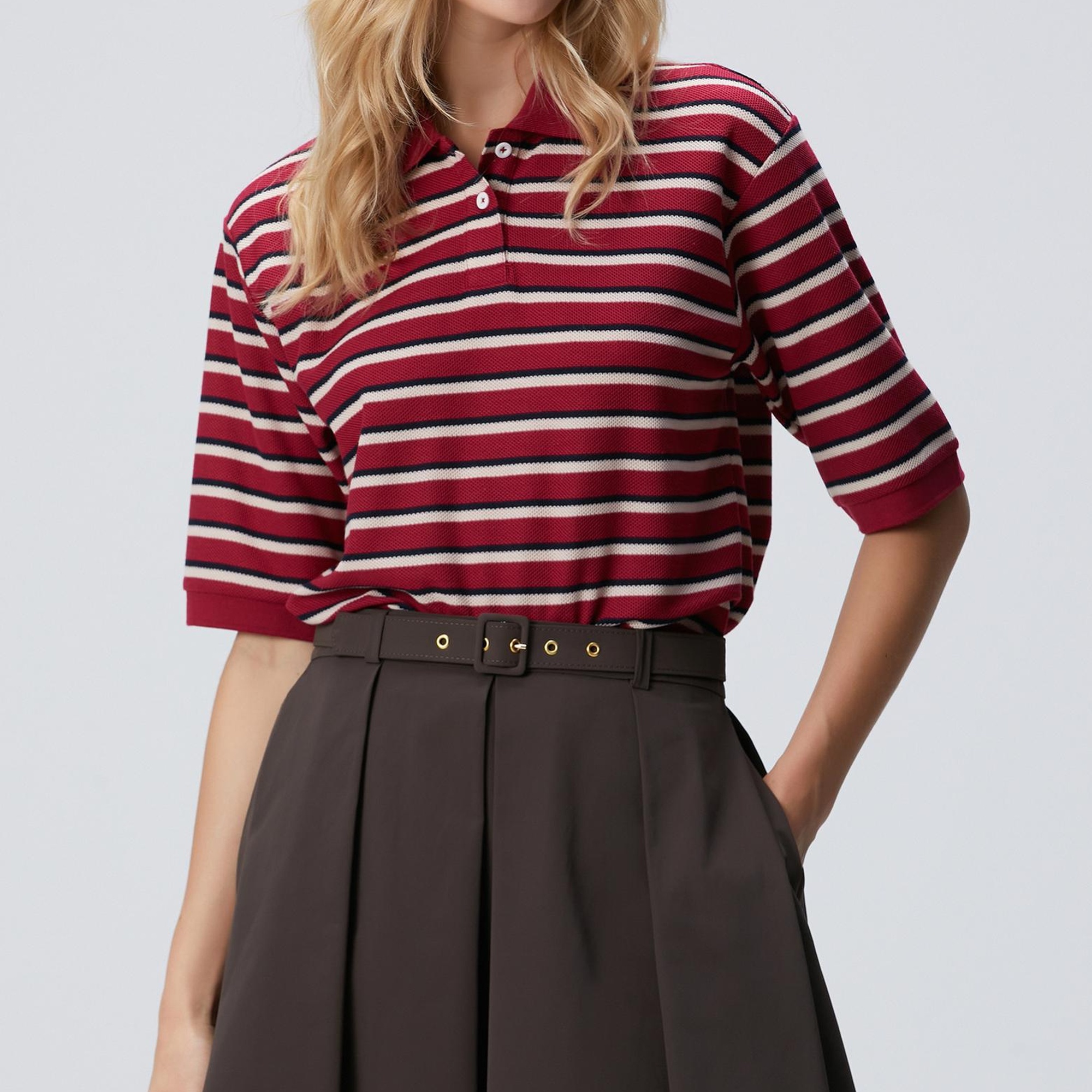 Network Kadın Kırmızı Yarım Kol Çizgili Pike Polo Sweatshirt