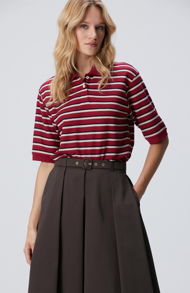  Network Kadın Kırmızı Yarım Kol Çizgili Pike Polo Sweatshirt