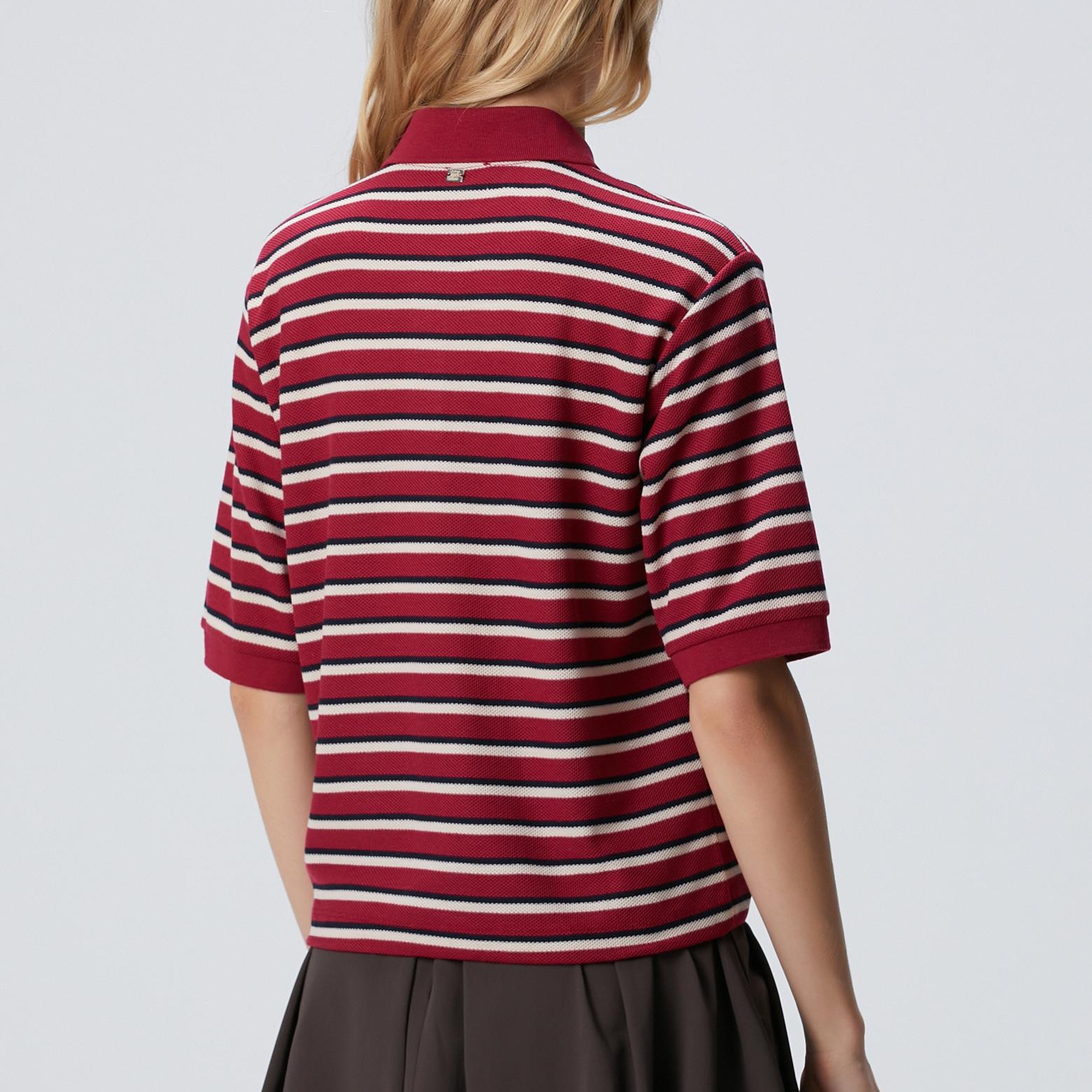 Network Kadın Kırmızı Yarım Kol Çizgili Pike Polo Sweatshirt