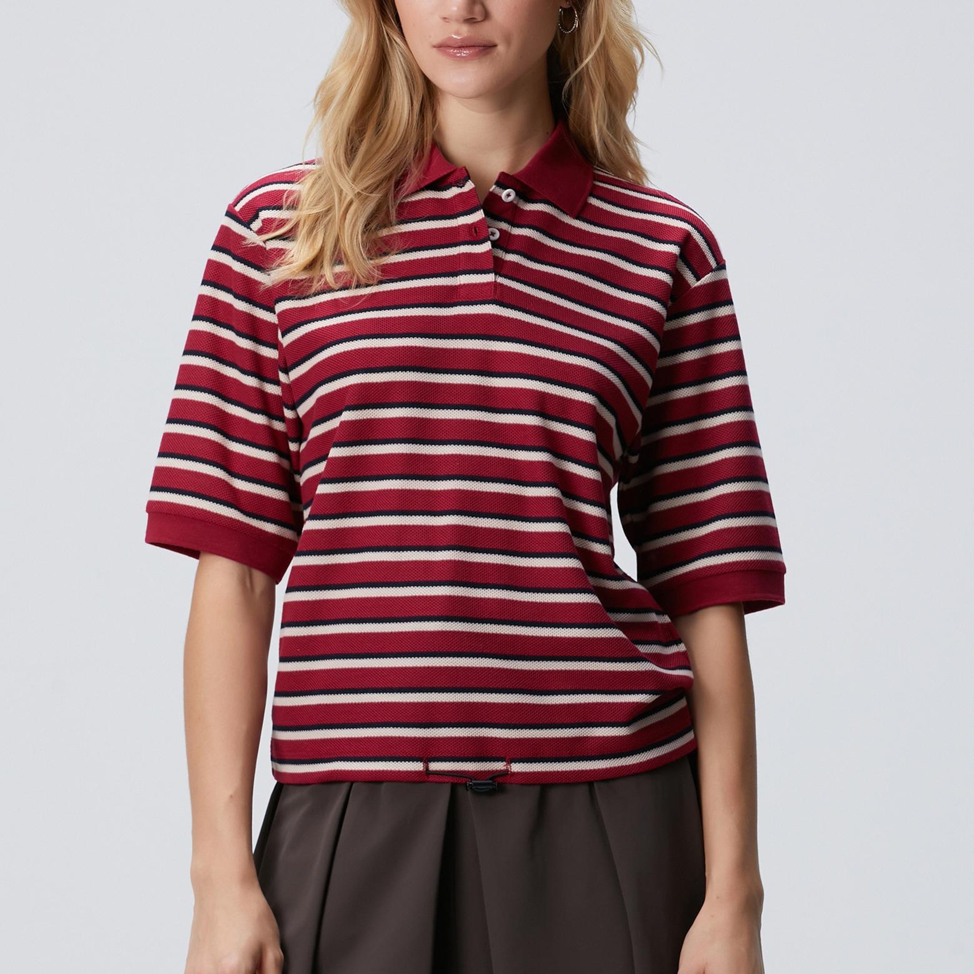 Network Kadın Kırmızı Yarım Kol Çizgili Pike Polo Sweatshirt