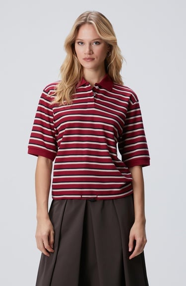  Network Kadın Kırmızı Yarım Kol Çizgili Pike Polo Sweatshirt