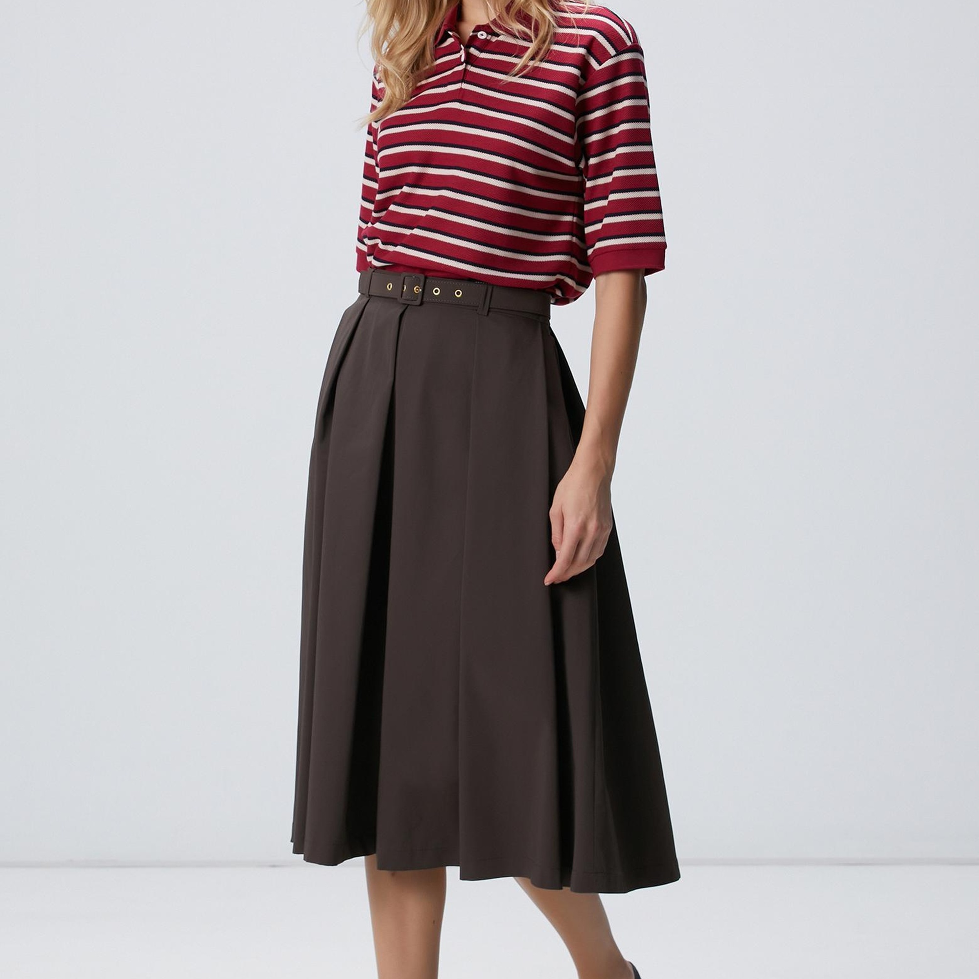 Network Kadın Kırmızı Yarım Kol Çizgili Pike Polo Sweatshirt