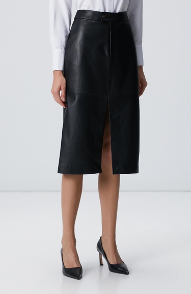  Network Kadın Siyah Midi Deri Etek