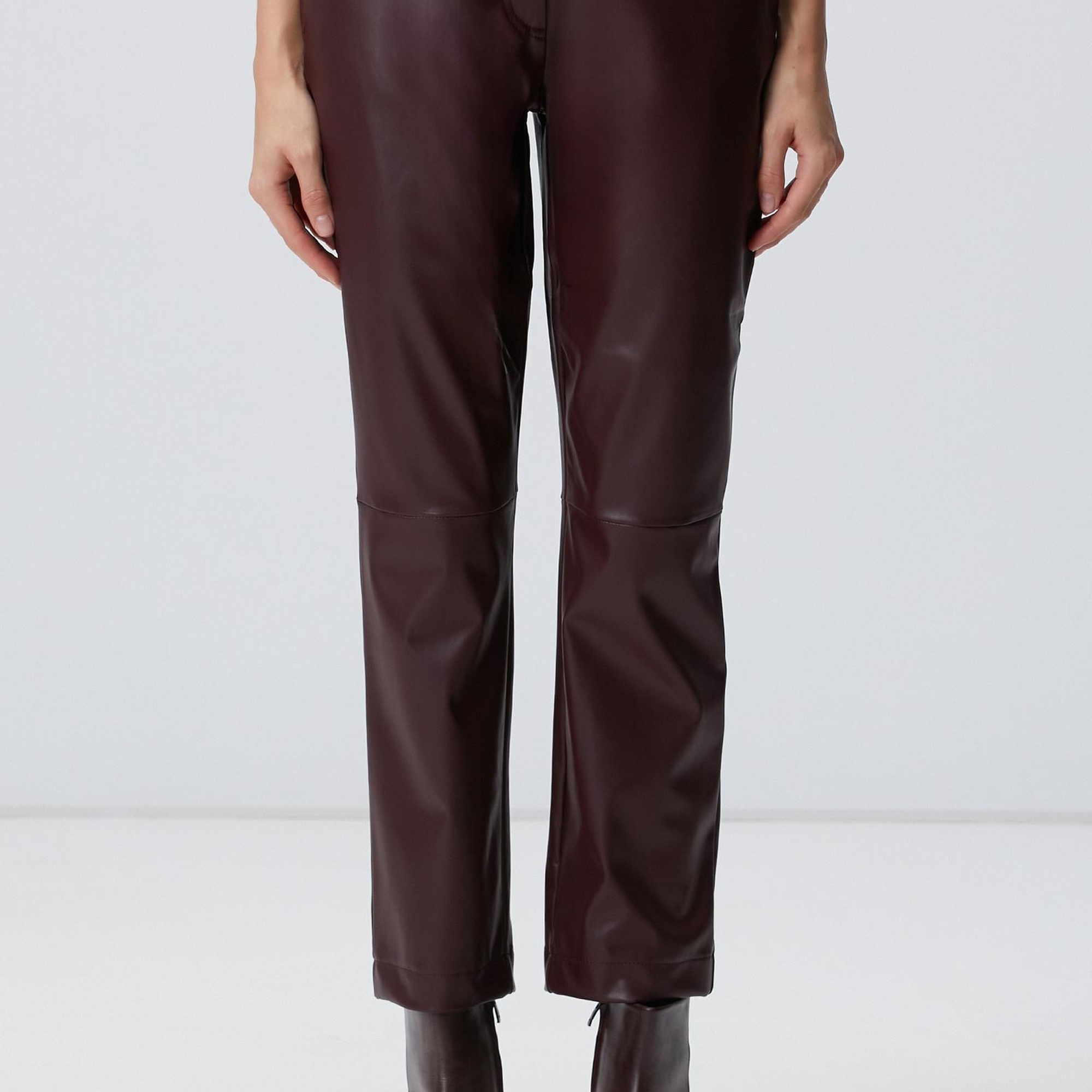 Network Kadın Bordo Kesik Detaylı Duni Deri Pantolon