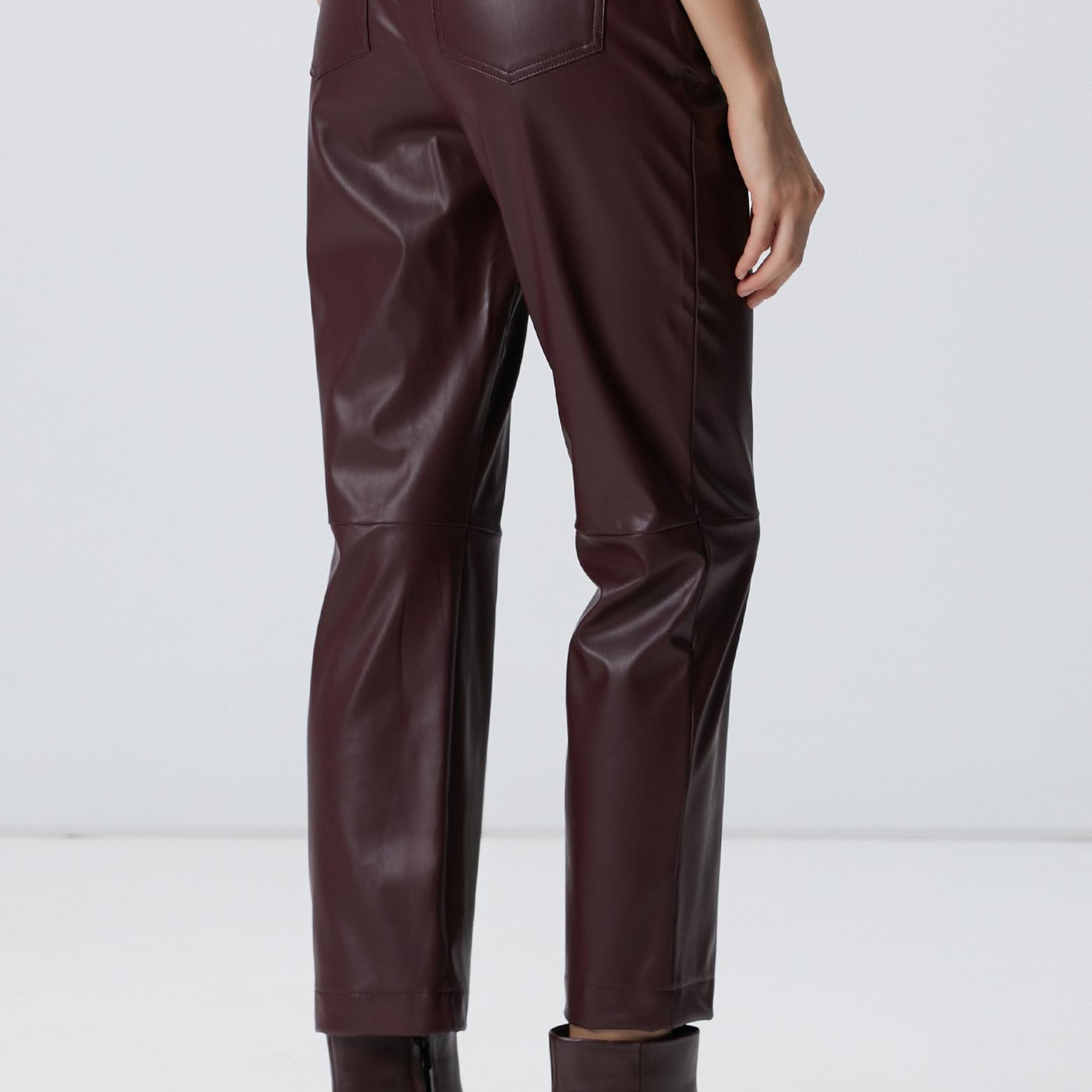 Network Kadın Bordo Kesik Detaylı Duni Deri Pantolon