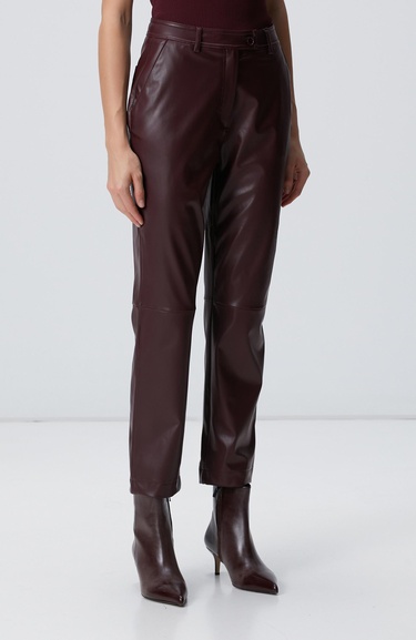  Network Kadın Bordo Kesik Detaylı Duni Deri Pantolon