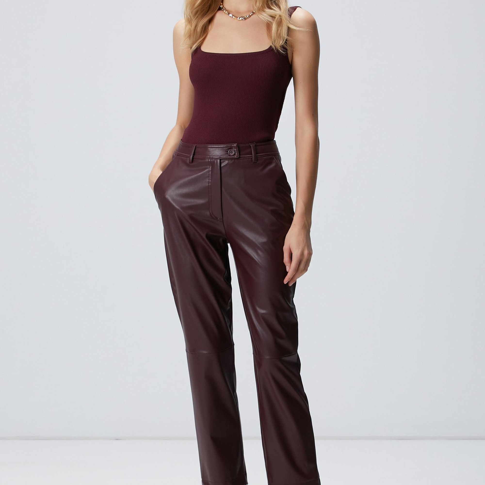 Network Kadın Bordo Kesik Detaylı Duni Deri Pantolon